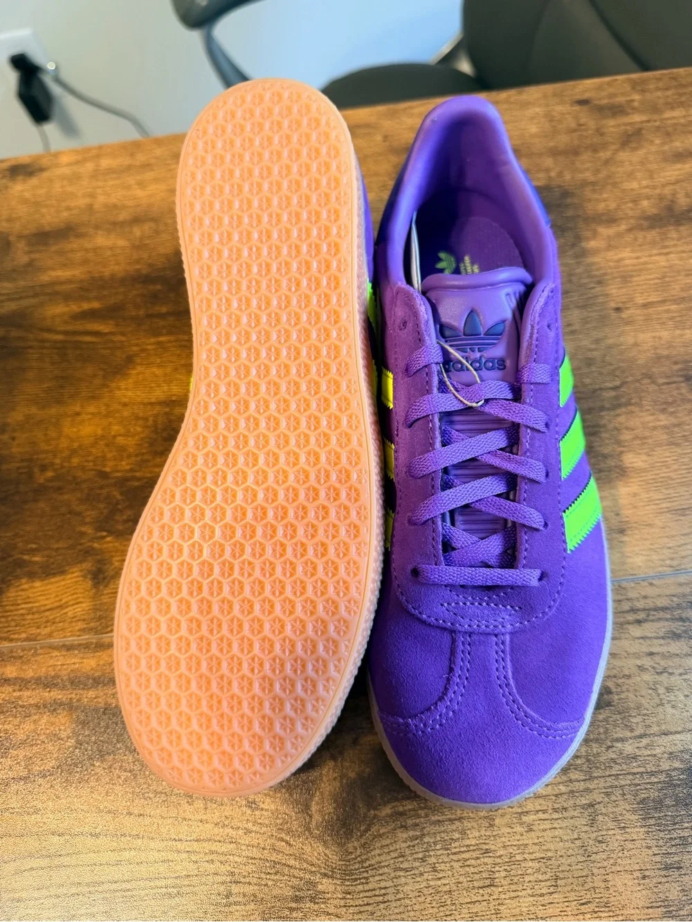 Adidas Gazelle Kids Suede Sneaker - Purple with Neon Green Stripes 5Y/6W